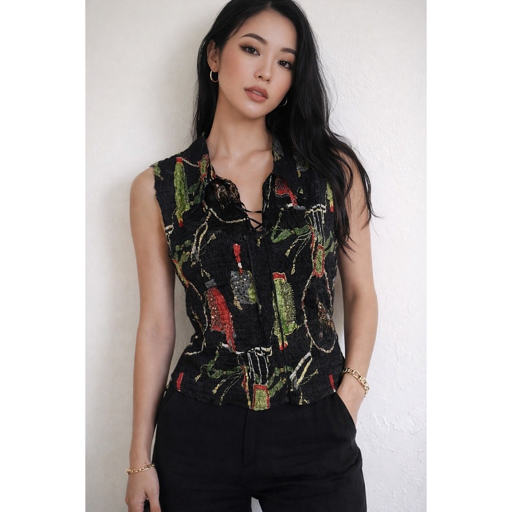 Alberto Makali Womens Crinkle Sequin Oriental Horse Print Lace Up Blouse Small